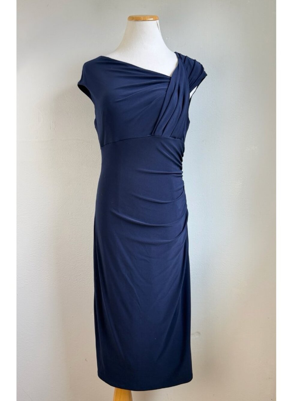 Lauren Ralph Lauren Dress Size 8 Navy Blue Stretch Knit Ruched Bodycon